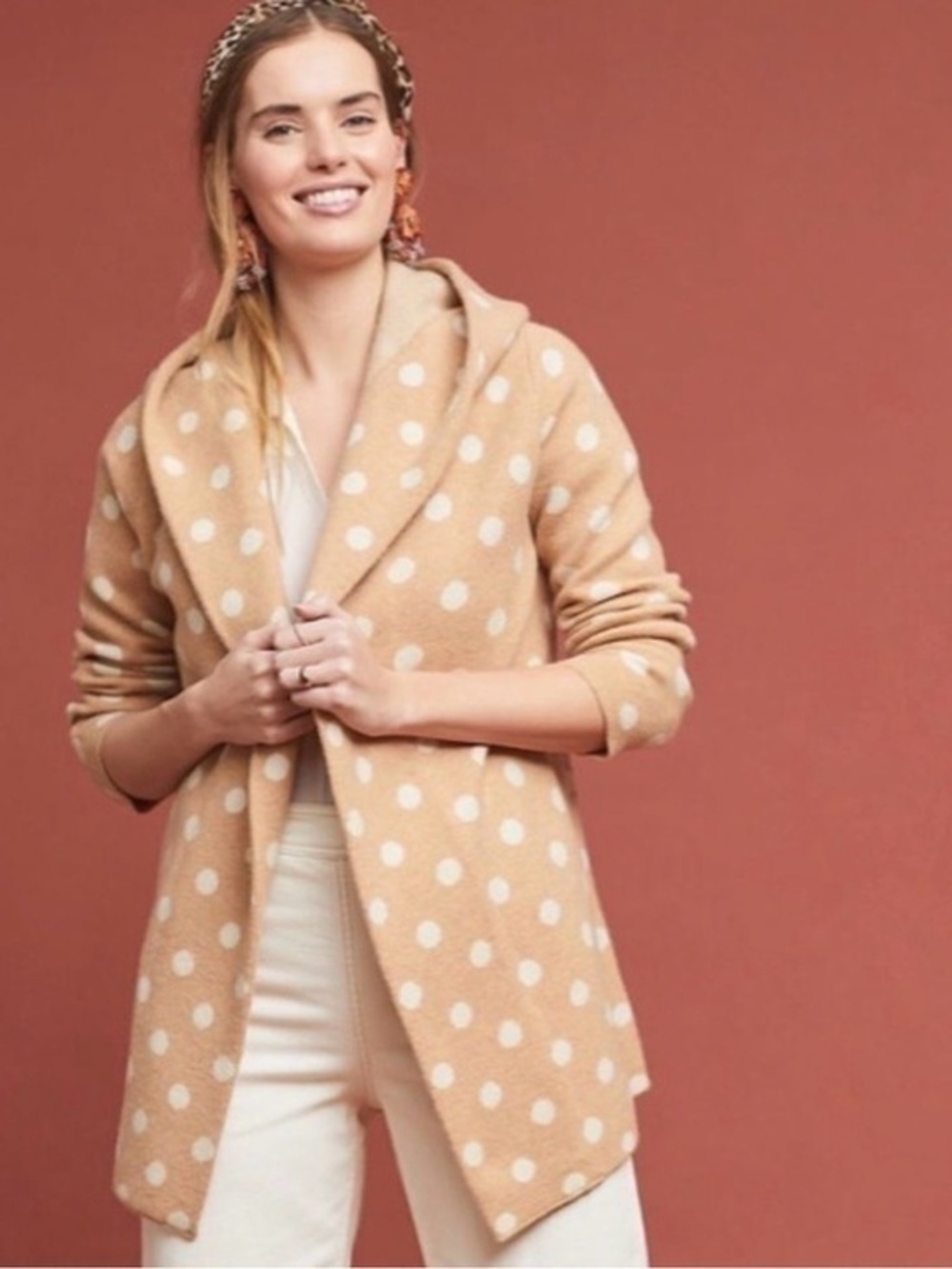 ANTHROPOLOGIE X FIELD FLOWER S Dottie polka dot hooded wool sweater jacket